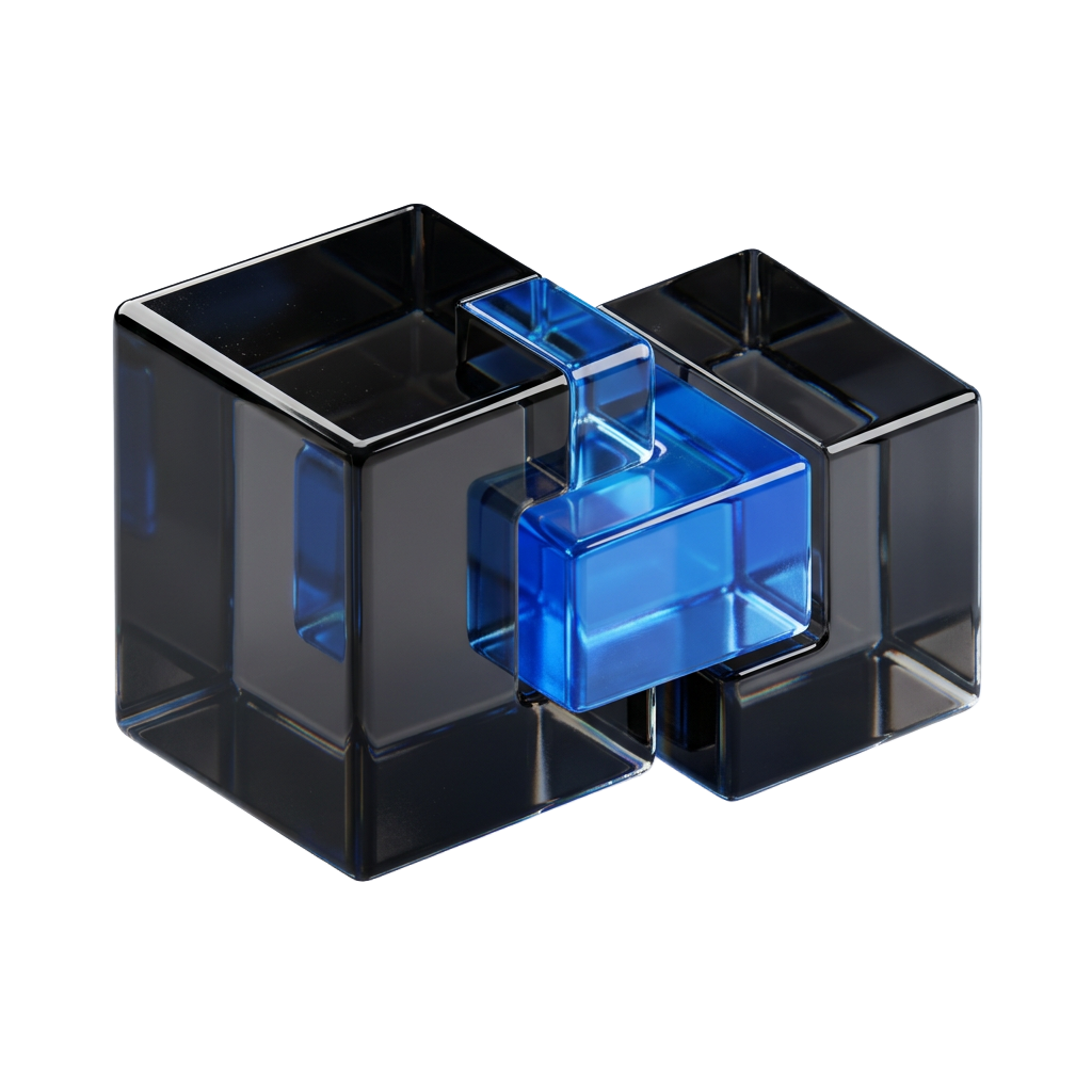 Two interlocking 3D glass cubes