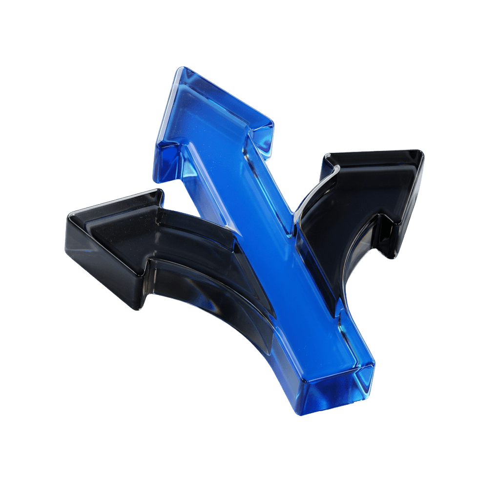 Two interlocking 3D glass arrows pointing forward